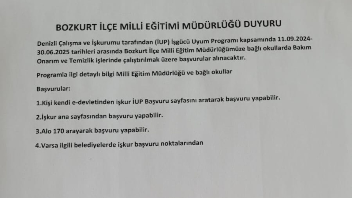 BOZKURT İLÇE MİLLİ EĞİTİM MÜDÜRLÜĞÜ DUYURU